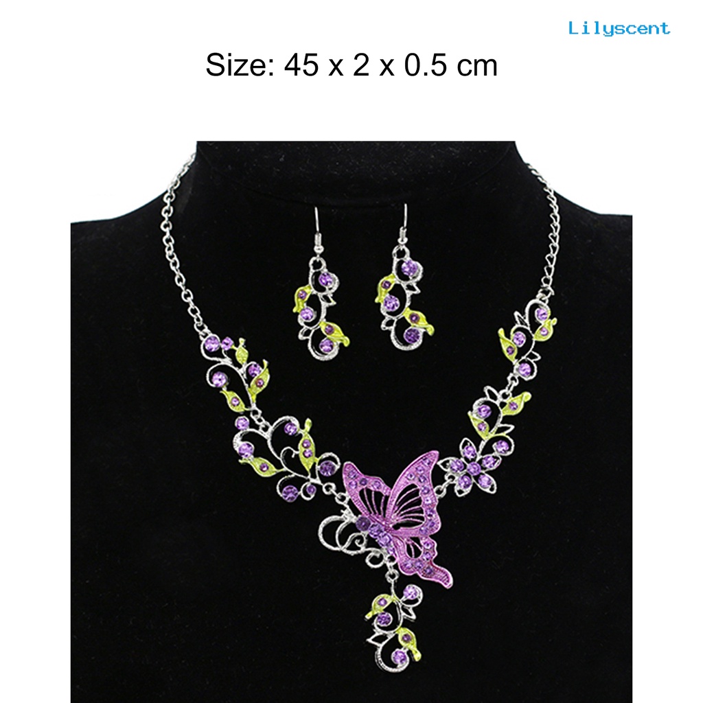 [LS]Lady Bridal Vinatge Butterfly Flower Bib Statement Kalung Anting Set Perhiasan