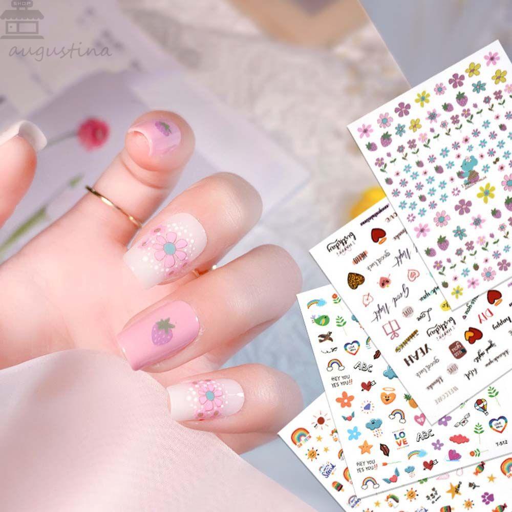 AUGUSTINA Agustina Kartun Stiker Kuku Huruf Pelangi Burung Bunga DIY Dekorasi Nail Art