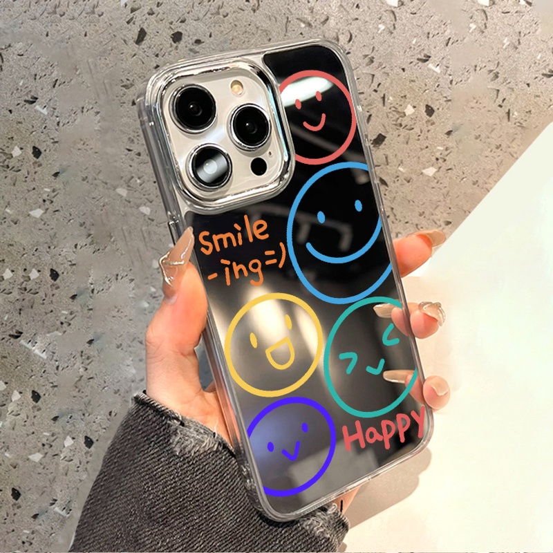 IPHONE Happy Smile Emoji Mirror Phone Case Kompatibel Untuk Iphone11 12 13 14 12Pro 13Pro 14Pro Pro Max XR X XS Max Electroplating Tombol Perlindungan Mirror Cover