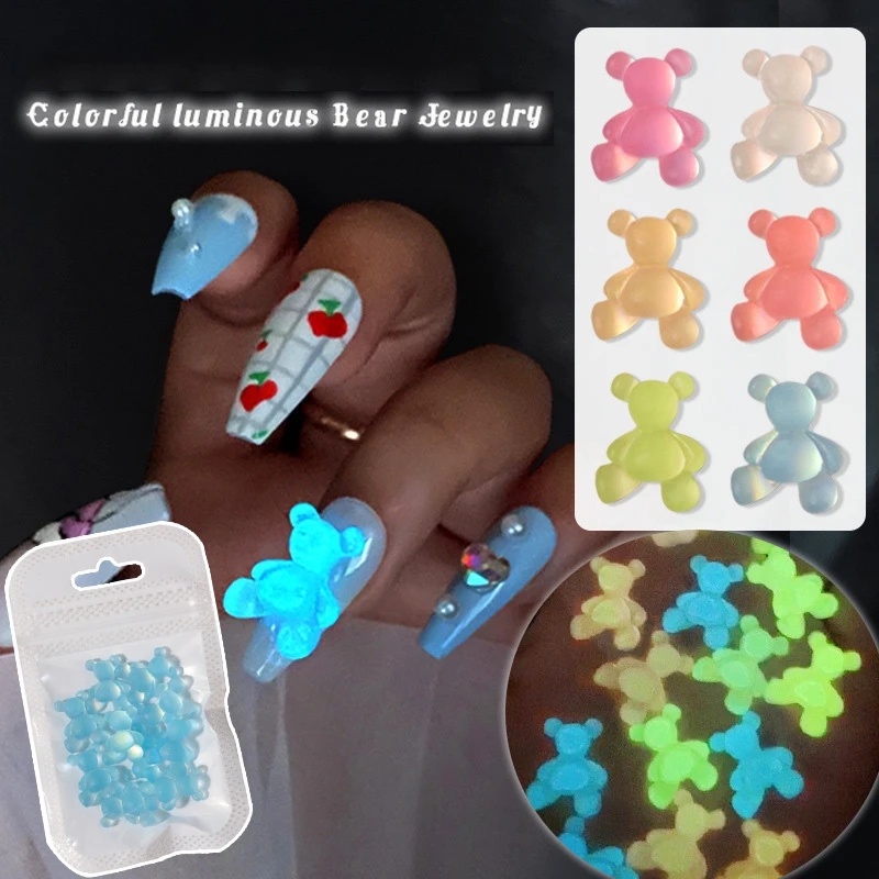 Pesona Kuku Beruang Fluorescence Kristal Kartun 3D/ Hiasan Nail Art Beruang Warna Permen/ Glow In The Dark Manicure Accessories