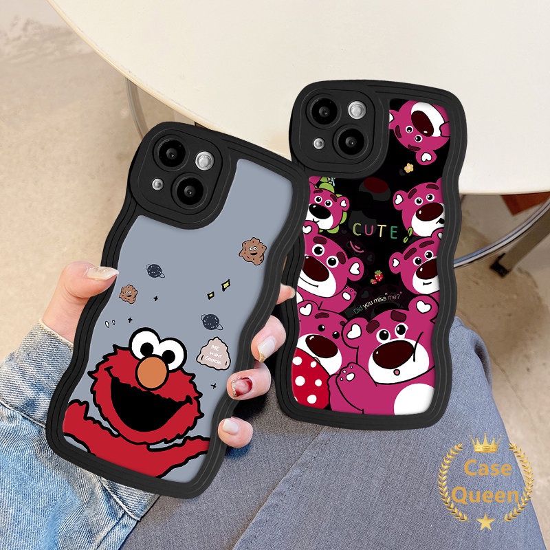 Lovely Strawberry Bear Manyo Soft Wavy Edge Case Kompatibel Untuk IPhone XR XS X Max11 13 12 14 Pro Max7 8 6s 6 Plus 7Plus SE 2020 Kartun Cute Sesame Street Soft Cover