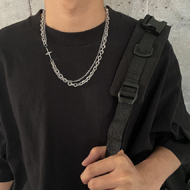 Kalung Jahitan Rantai Double Layer Salib Sederhana ins Pria Gaya Keren Hip Hop Rantai Klavikula Unik