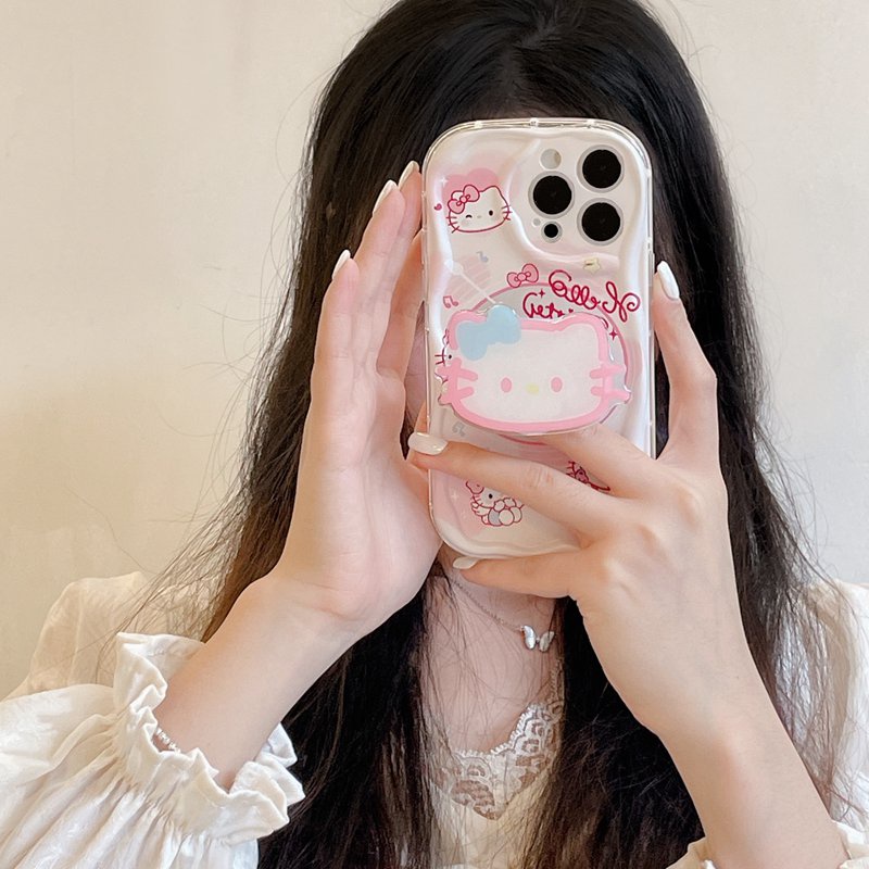 Cream Casing CD Hello Kitty Popsocket Soft Case HP iP iPhone 6 6S 7 8 14 + Plus SE 2020 2022 X XS XR 11 12 13 Pro Max Girl Woman