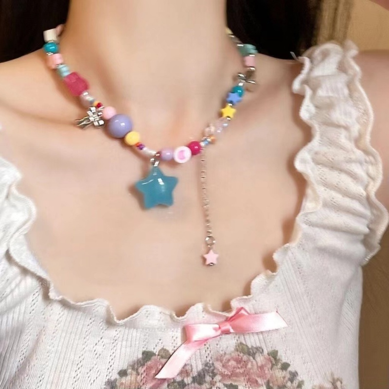 Ahellogirl Dopamin Candy Sweetheart! Warna-warni Busur Rumbai Kalung Perempuan Niche Desain Net Merah Aksesoris Manis Keren Panas Gadis Klavikula Rantai