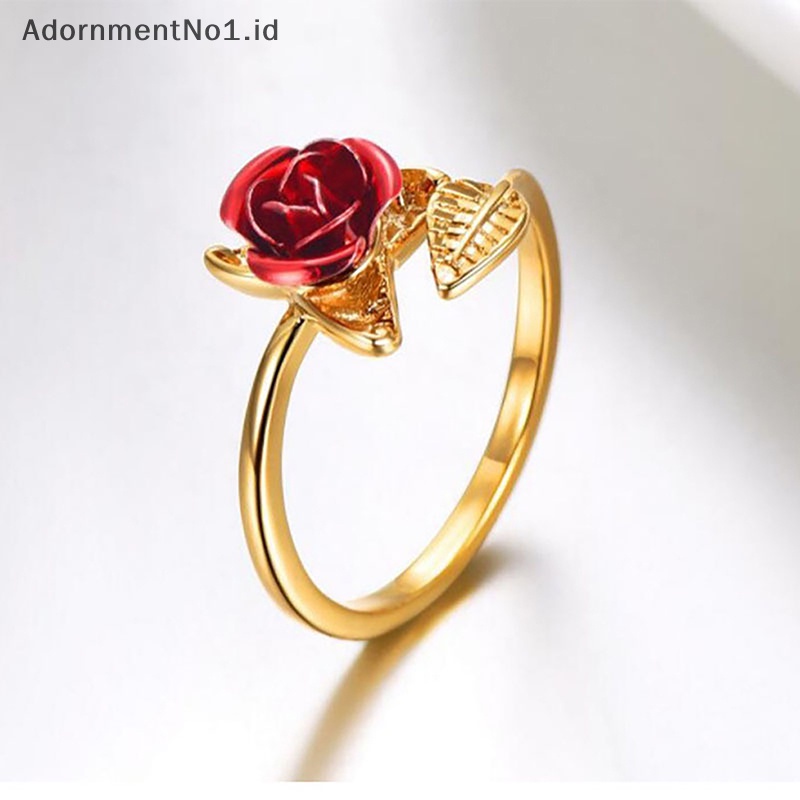 [AdornmentNo1] Bunga mawar merah daun cincin pembukaan untuk wanita bunga Fashion cincin jari yang dapat disesuaikan hari valene perhiasan pertunangan hadiah