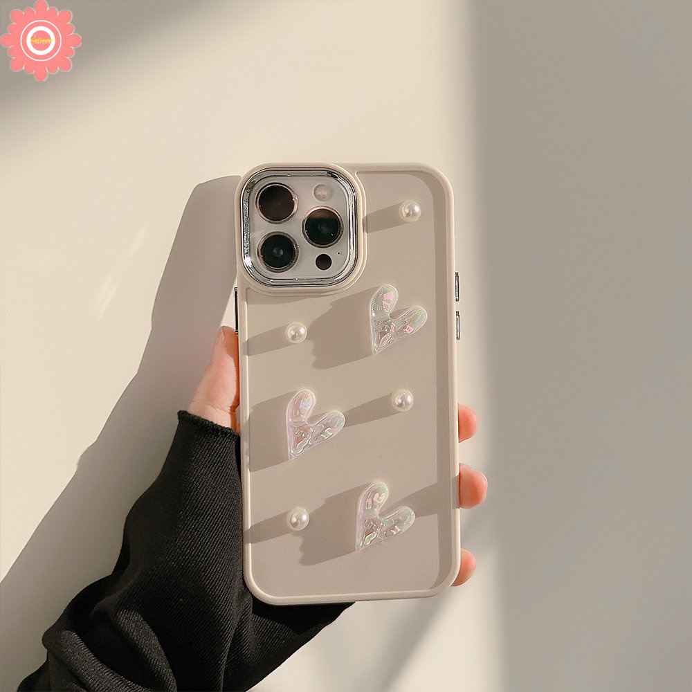 3D Pearl Romantic Love Heart Electroplate Case Compatible for IPhone 11 13 14 12 Pro Max 7plus 8plus XR X 7 8 14 Plus XS MAX Luxury Solid Color Plating Shockproof Soft Case