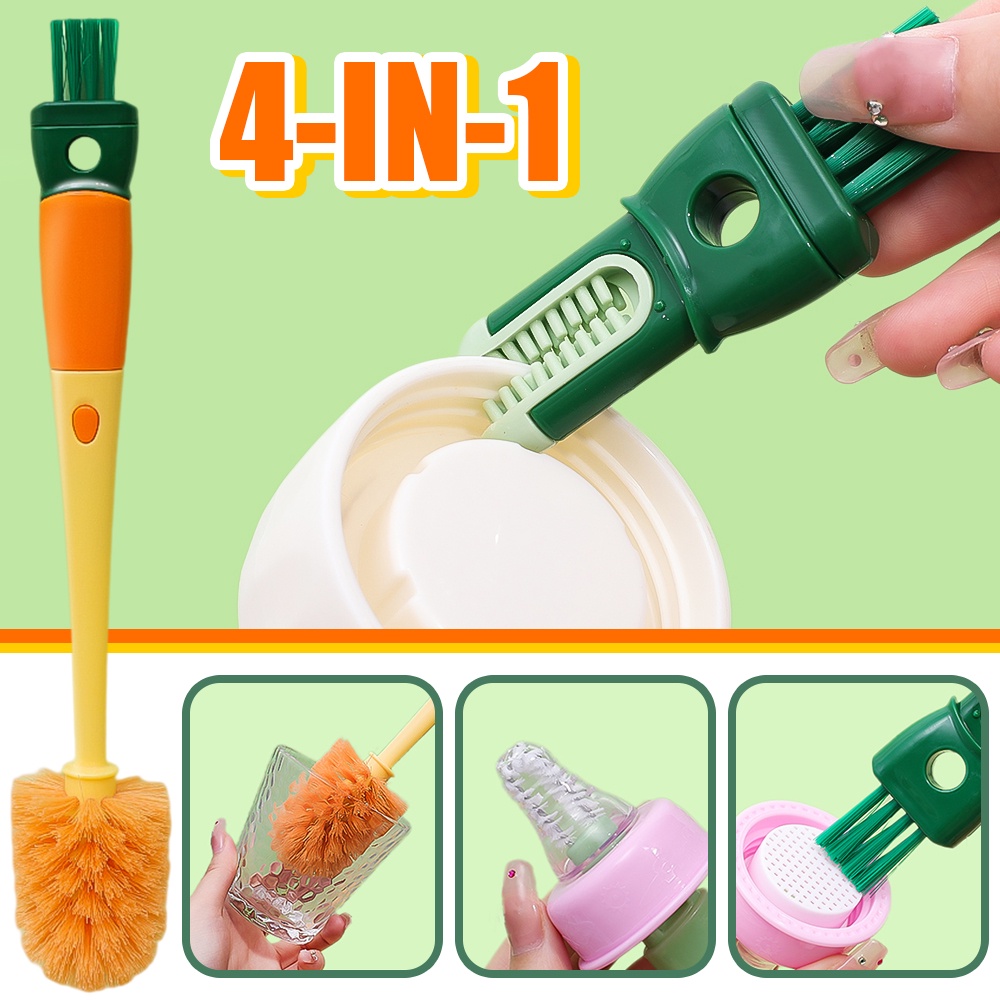 Sikat Pembersih Gelas Wortel 4in1/sikat Detail Gagang Panjang/ Pembersih Tutup Gelas Nipple Botol/Cleaning Kit Lepas Serbaguna/Gadget Dapur Rumah Tangga