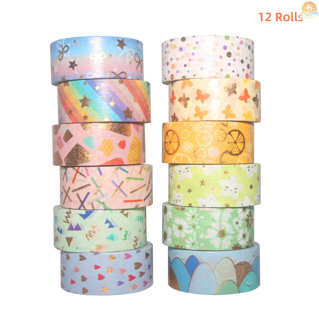 In Stock 12roll Washi Tape Set Pola Lucu Foil Emas Masking Tape Lebar 15mm Perekat Dekoratif Tape Stiker Untuk Kerajinan DIY Jurnal Planners Scrapbooking Card Gift Wrapping