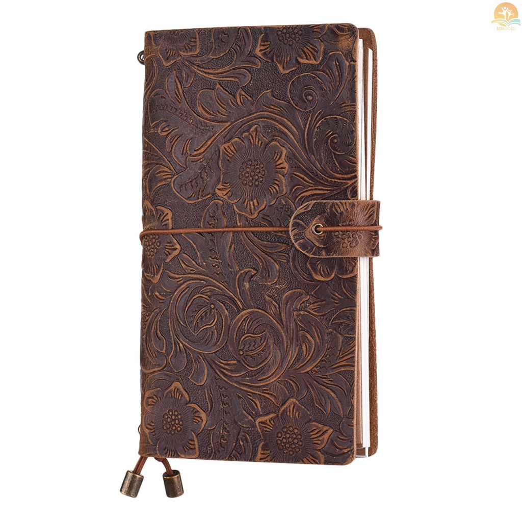 In Stock Vintage Full Grain Leather Refillable Travel Journal Notebook Diary Motif Bunga Timbul Harian Notepad Cover Dengan Tali Elastis Untuk Pria &amp; Wanita Hadiah