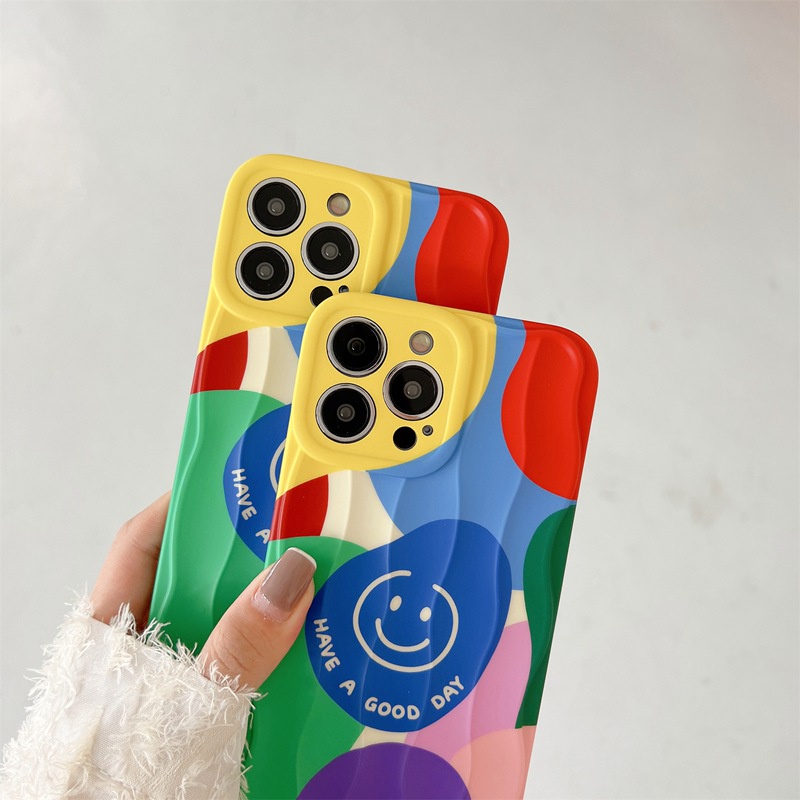 Colorful Block Smile Soft Silicon Case HP iP iPhone 14 + Plus 12 13 Pro Max 11 IMD Wave Casing Apple