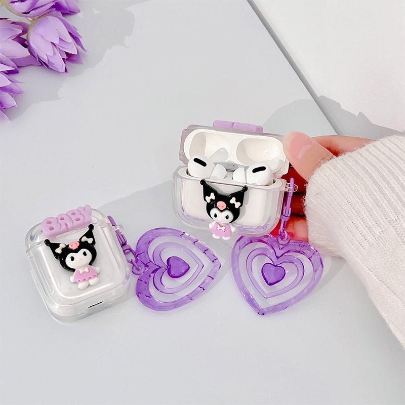 3d Lucu Kartun Kelinci Ajaib Transparan Bluetooth Earphone Case Cover Dengan Ungu Berongga Cinta Hati Pesona Liontin Untuk Airpods1 2 3 PRO PRO2