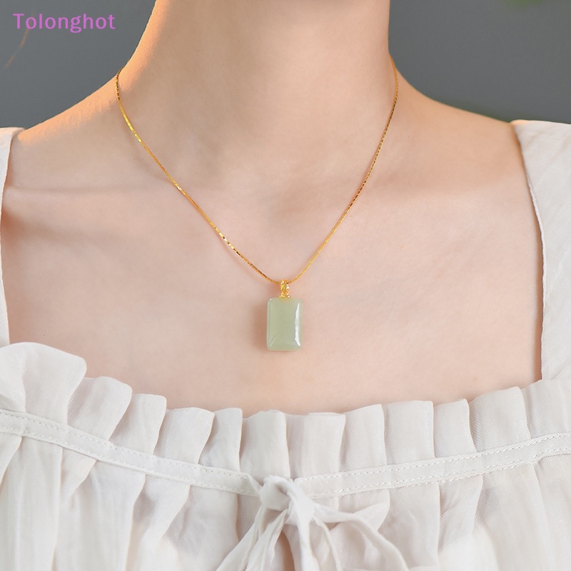 Tolonghot&gt; Ins Style Square Pendant Hetian Jade Kalung Vintage Fashion Rantai Klavikula Untuk Wanita Perhiasan Simple All-match Sweater Chain well