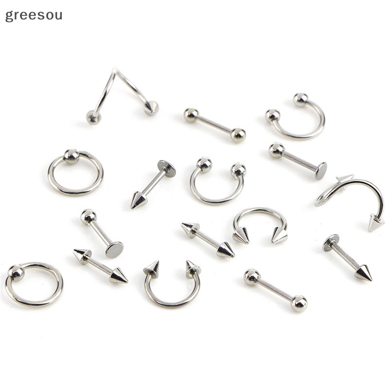 Greesou 16PCS /Set Cincin Bar Lidah Perut Spiral Stainless Steel Perhiasan Alis ID