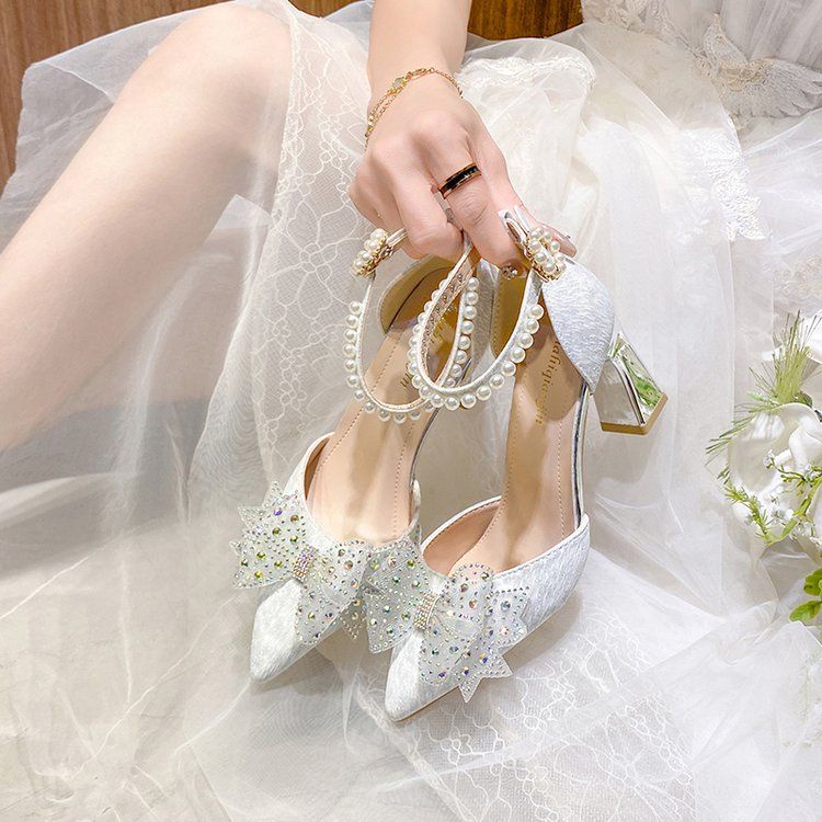 Korean version of wedding shoes, rhinestone toe wrap, high heels, small fragrant wind, thick heels, 
