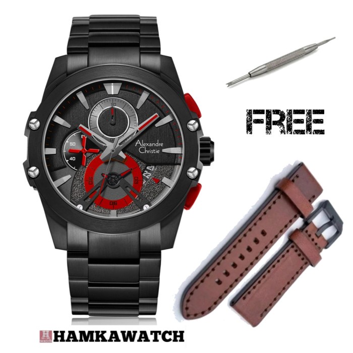 Jam tangan pria alexander cristie ac6007 box set original hitam merah Vs