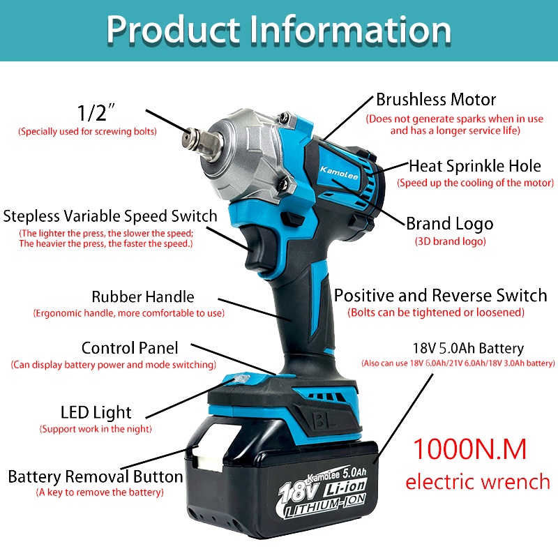 KAMOLEE 1800N.M/1200N.M/520N.M HIGH TORQUE IMPACT WRENCH 1/21/4 ELECTRIC WRENCH FOR AUTO REPAIR