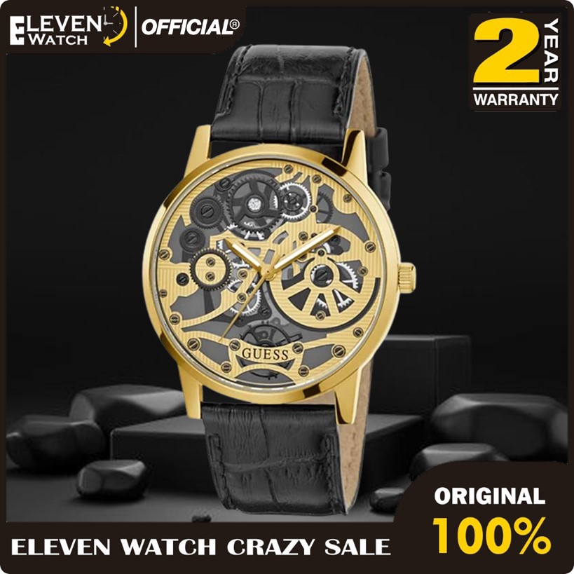 [Promo] Jam Tangan Pria Guess GW0570G1 Skeleton Gold Tone Case Black Leather  Garansi 2 Tahun [COD]