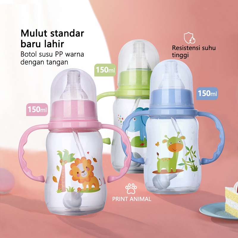 Botol Susu Bayi 150ml 0-6 bulan Baru Lahir Botol Bayi Standard Neck PP Baby Bottle dengan pegangan B
