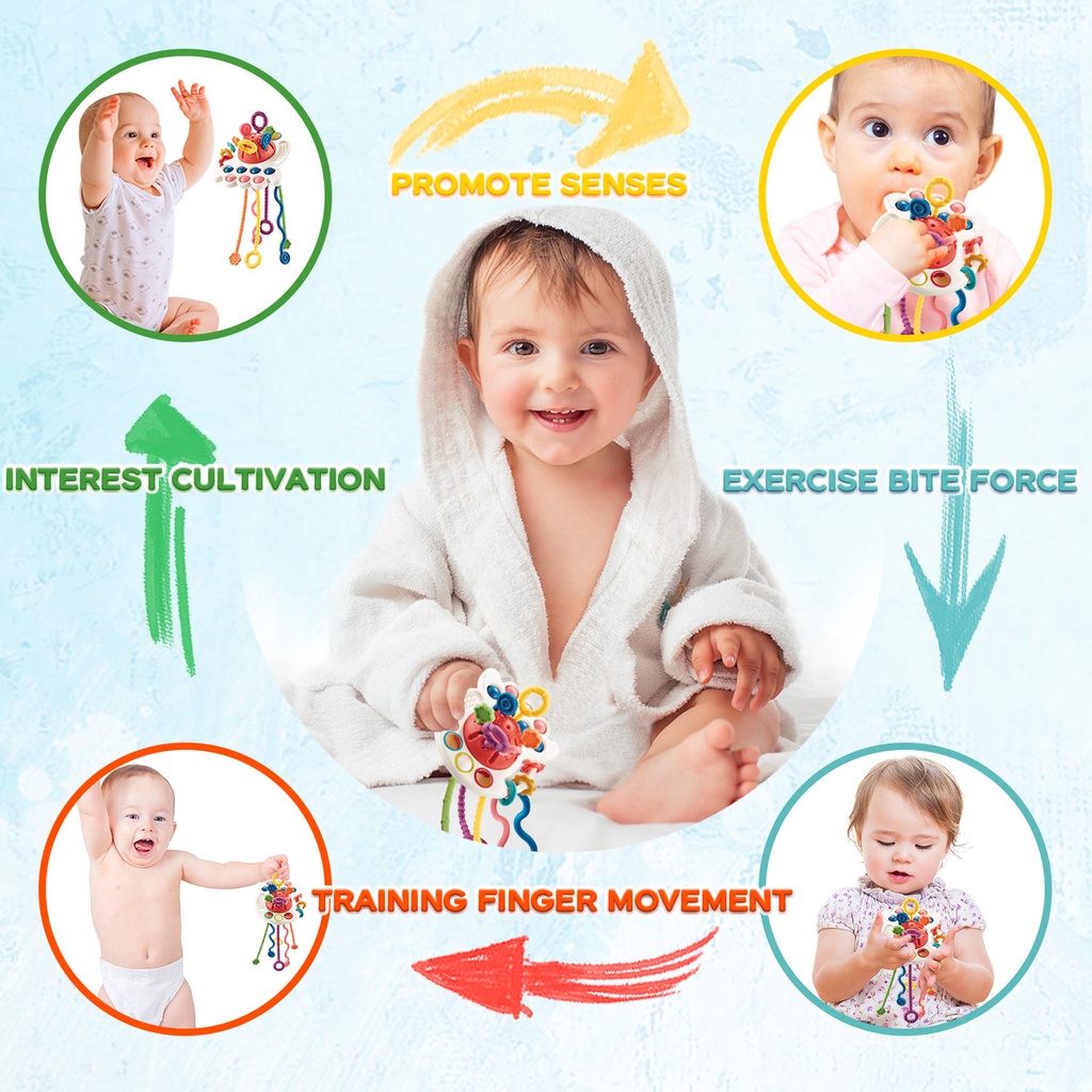 【Pengiriman Gratis】Mainan Edukasi Bayi Multifungsi Pop It Teether Bayi Tarik Panjang Mainan Gigitan Bahan Silikon Bentuk Bentuk Roket BPA Free