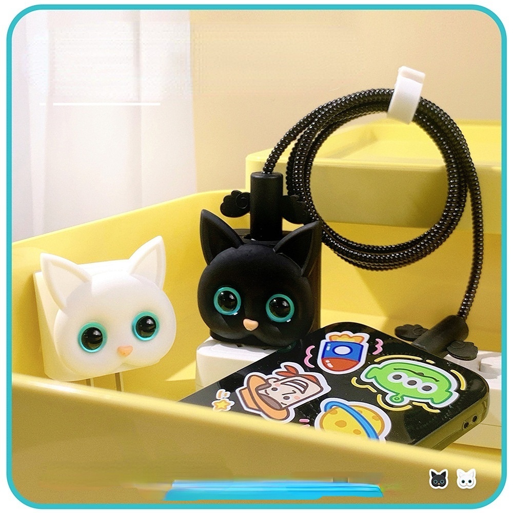 Cute Charger Protector Hitam Dan Putih Berbentuk Kucing Charging Head Protector Alat Pembungkus Pelindung Kabel Data Untuk IPhone 20W Quick Charging Protector