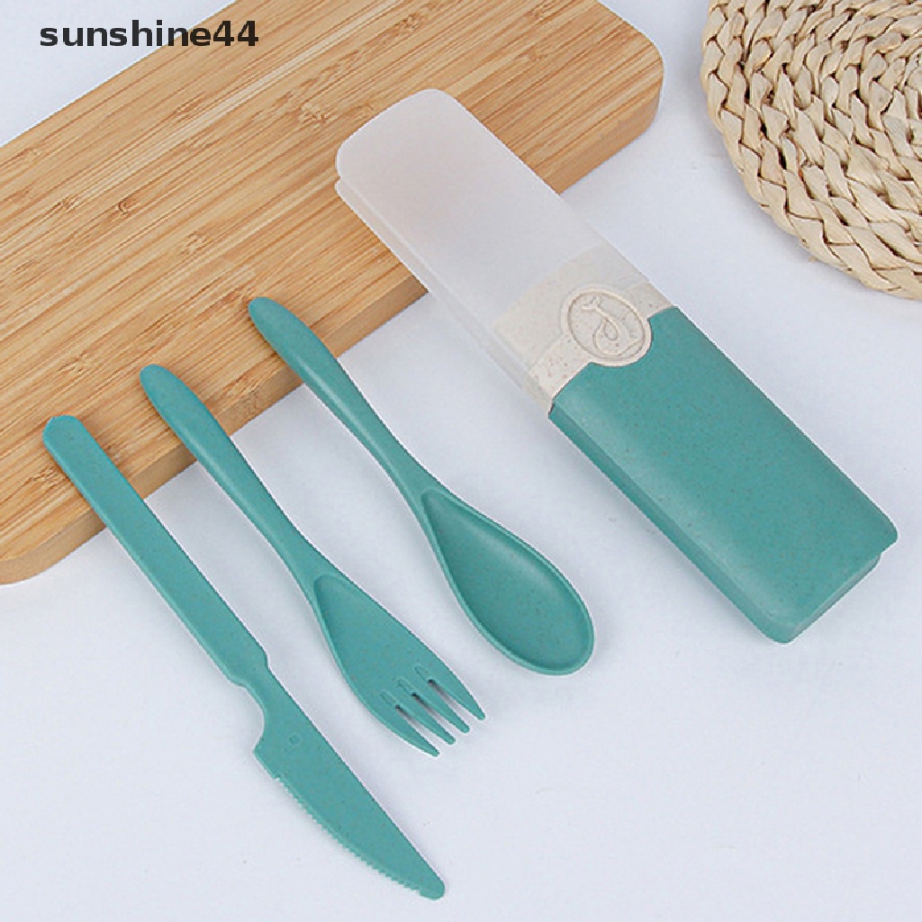 Sunshine Portable Reusable Spoon Fork Travel Piknik Wheat Straw Set Peralatan Makan Dengan Kotak ID