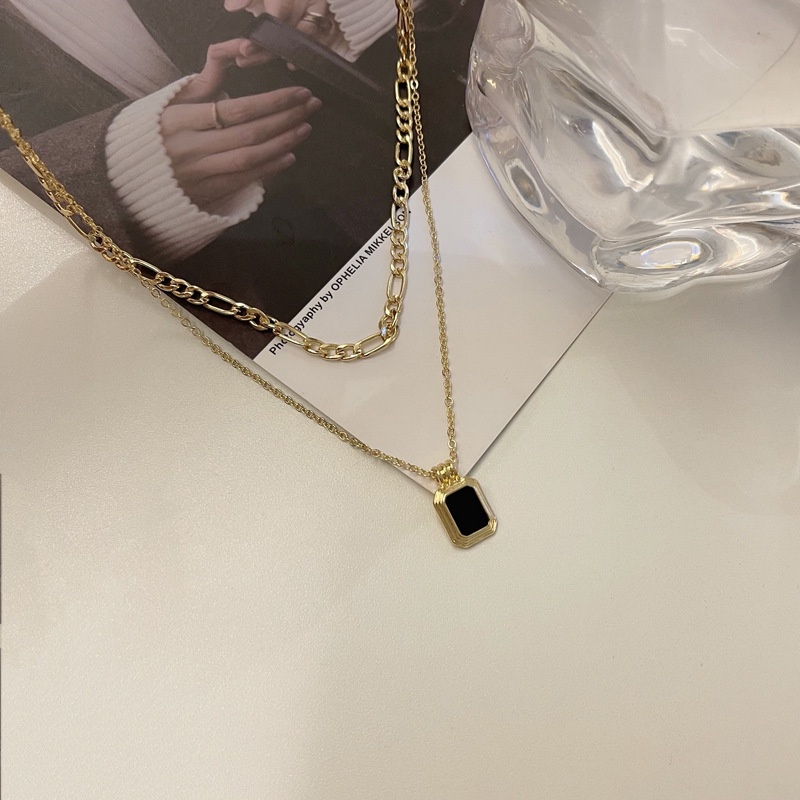 Papaozhu Retro Rantai Ganda Hitam Persegi Liontin Emas Kalung Untuk Wanita Gadis Temperamen Geometris Keringat Rantai Bergaya Leher Perhiasan