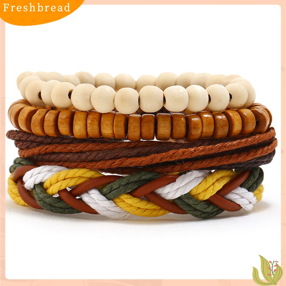 &lt; Freshbread &gt; 4Pcs/Set Vintage Wanita Manik-Manik Kayu Kulit Imitasi Menenun Gelang Bangle Hadiah