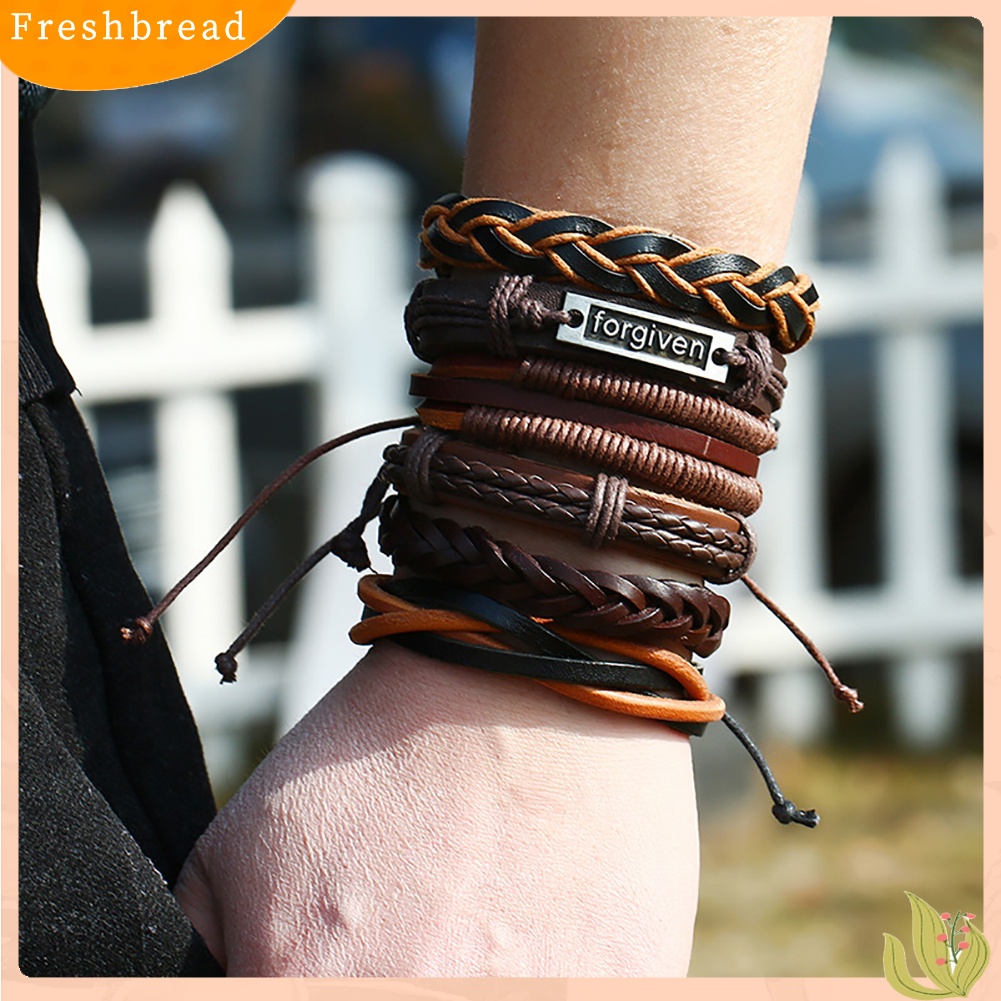 < Freshbread > 6Pcs/Set Pria Vintage Punk Dikepang Kulit Imitasi Multilayer Handmade Gelang Set