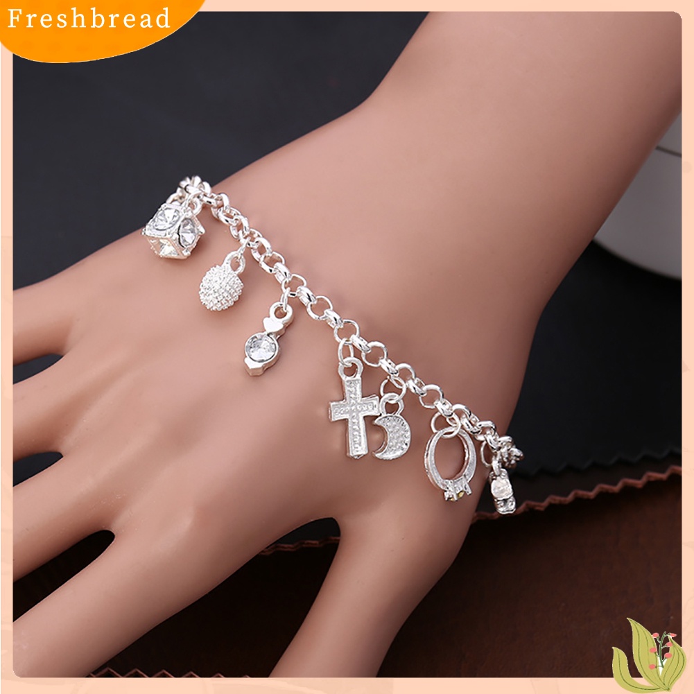 &lt; Freshbread &gt; Wanita Perak Berlapis Salib Bulan Bintang13 Charms Liontin Gelang Bangle Perhiasan