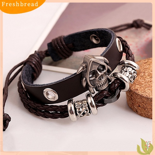 &lt; Freshbread &gt; Fashion Pria Wanita Punk Tengkorak Dikepang Kulit Imitasi Multilayer Buatan Tangan Gelang