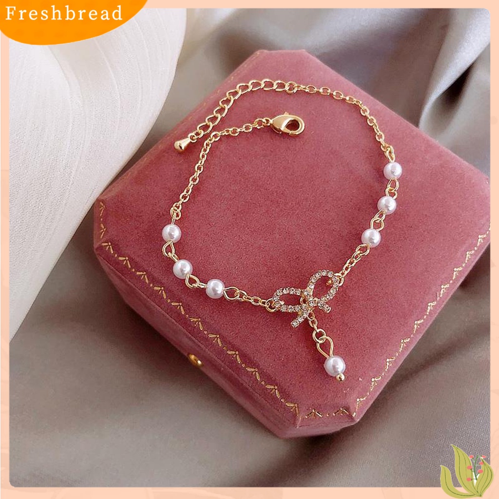 &lt; Freshbread &gt; Wanita Gelang Berlian Imitasi Manis Eye-catching Adjustable All-match Perhiasan Hadiah Geometris Wanita Busur Mutiara Imitasi Pesona Gelang Tangan Rantai Untuk Kehidupan Sehari-Hari