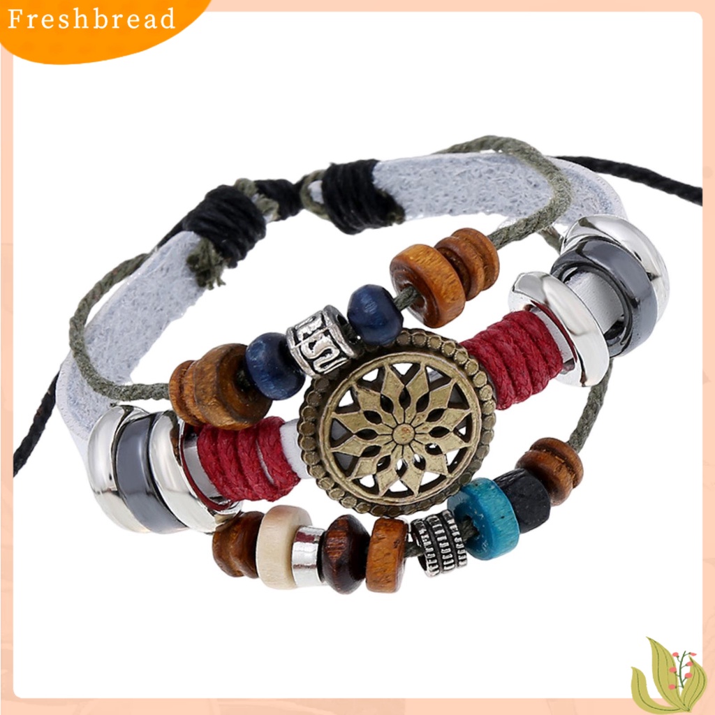 &lt; Freshbread &gt; Gelang Kulit Imitasi Vintage Tiga Lapisan Dikepang Bungkus Manik-Manik Kayu Adjustable Hias Hadiah Pria Wanita Gelang Tali Bangle Perhiasan Untuk Pakaian Sehari-Hari