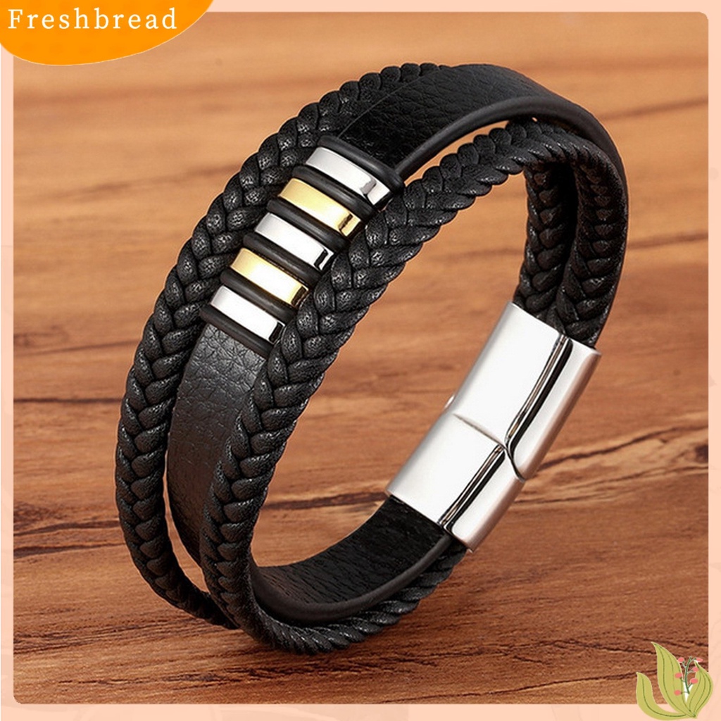 &lt; Freshbread &gt; Pria Gelang Tenun Tangan Multi Layer Tahan Aus Hias Gesper Menghias Pasangan 3lapis Gaya Punk Kulit Imitasi Gelang Pria Perhiasan