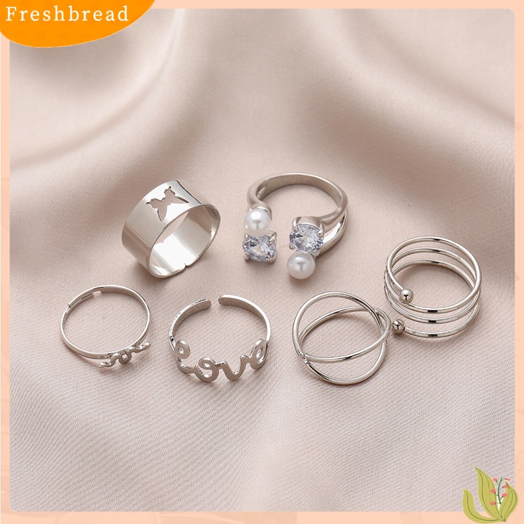 &lt; Freshbread &gt; 6Pcs Cincin Jari Huruf Kupu-Kupu Mutiara Imitasi Pria Wanita Bukaan Adjustable Ins Style Rings Fashion Jewelry