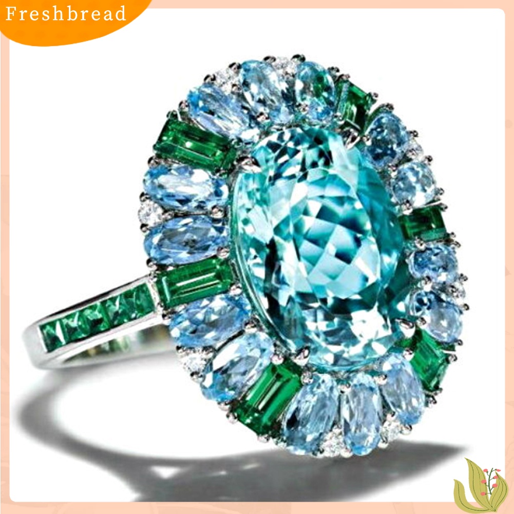 &lt; Freshbread &gt; Mewah Wanita Faux Emerald Aquamarine Bunga Cincin Hadiah Perhiasan Pesta Pernikahan