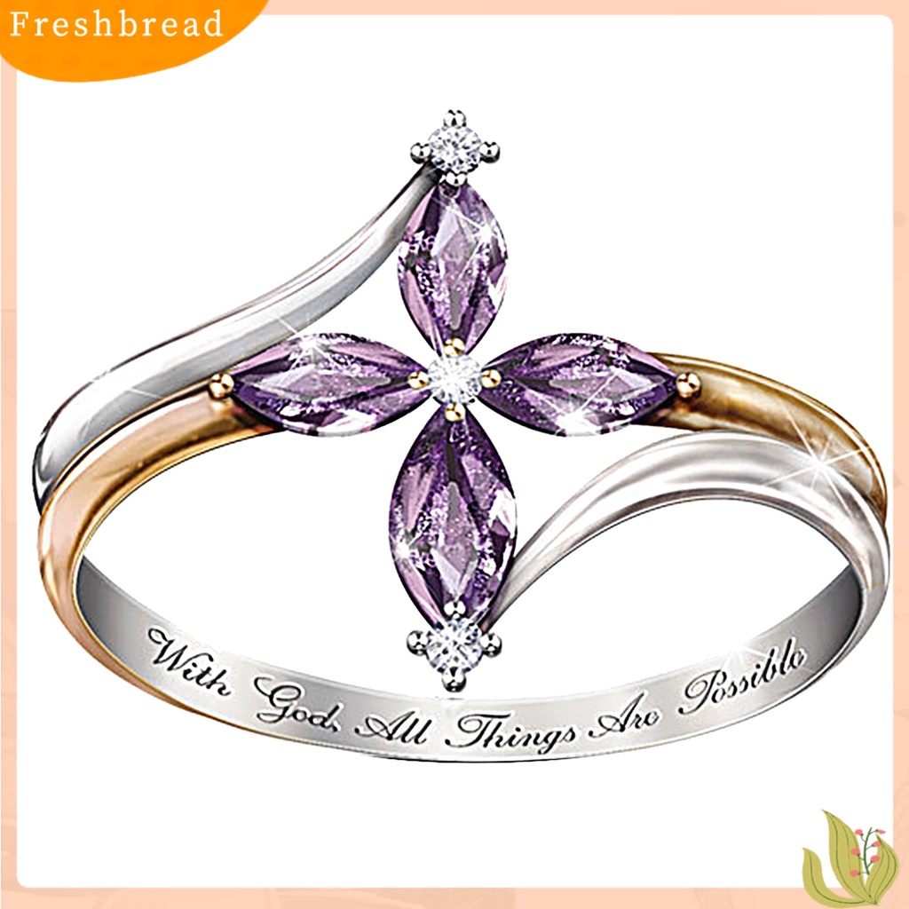 &lt; Freshbread &gt; Cincin Wanita Dual Color Hadiah Valentine Tembaga Faux Amethyst Cross Floral Ring Untuk Pesta