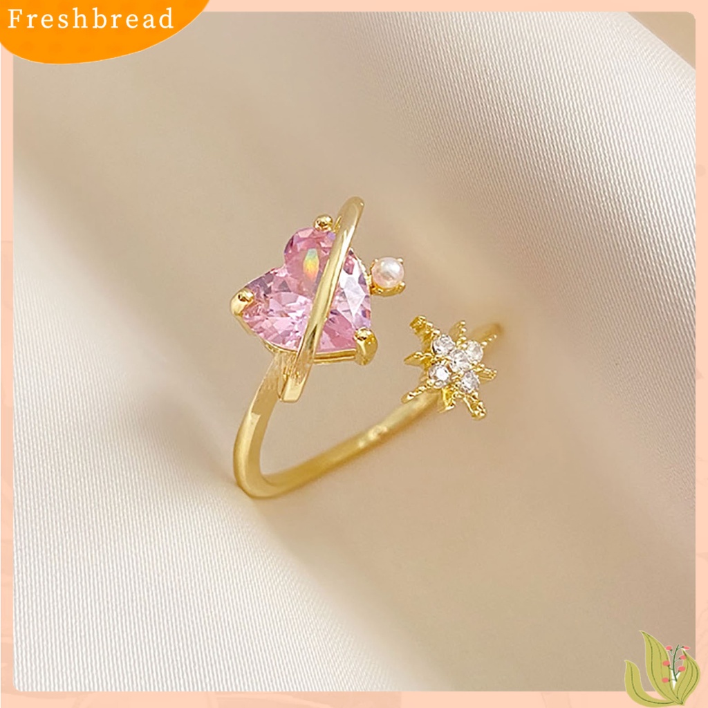 &lt; Freshbread &gt; Berlian Imitasi Bersinar Dapat Disesuaikan Wanita Cincin Pink Cubic Zirconia Jantung Pembukaan Cincin Perhiasan Aksesoris