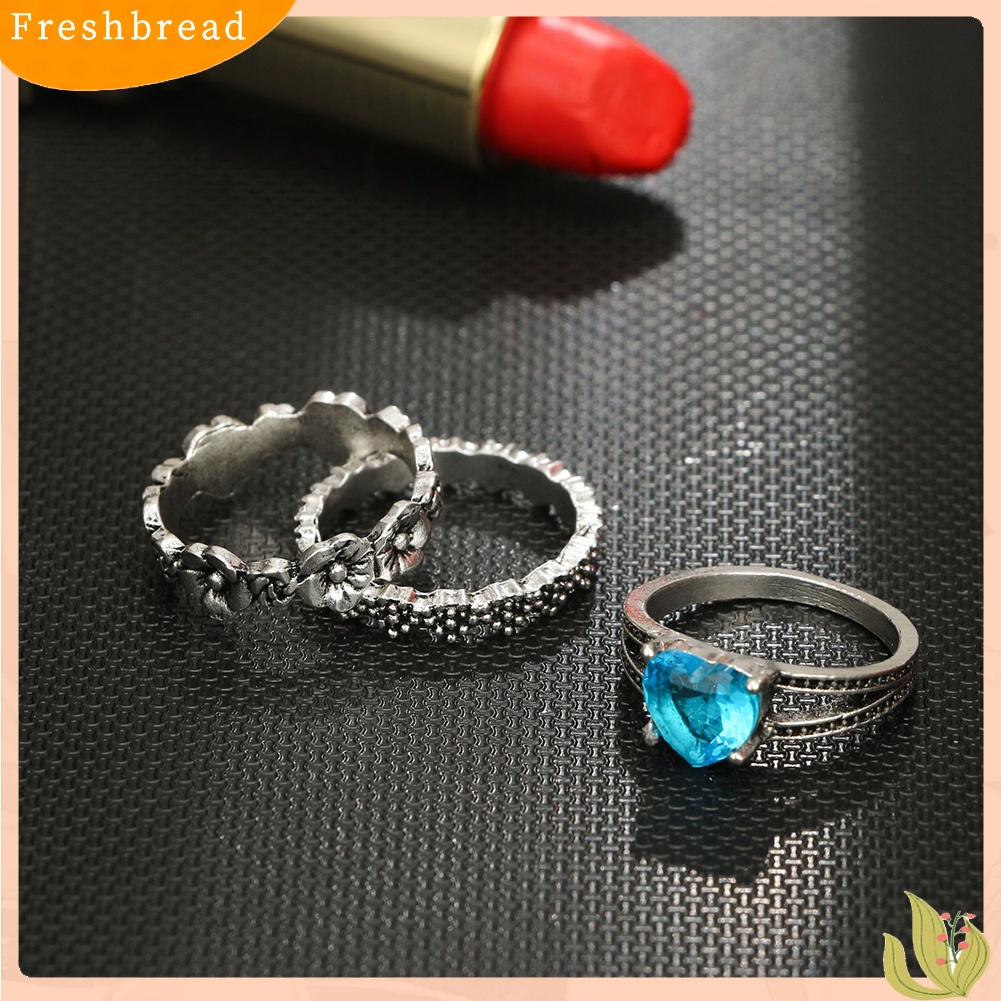 &lt; Freshbread &gt; 5Pcs/Set Retro Boho Berongga Bunga Hati Biru Berlian Imitasi Wanita Jari Rings