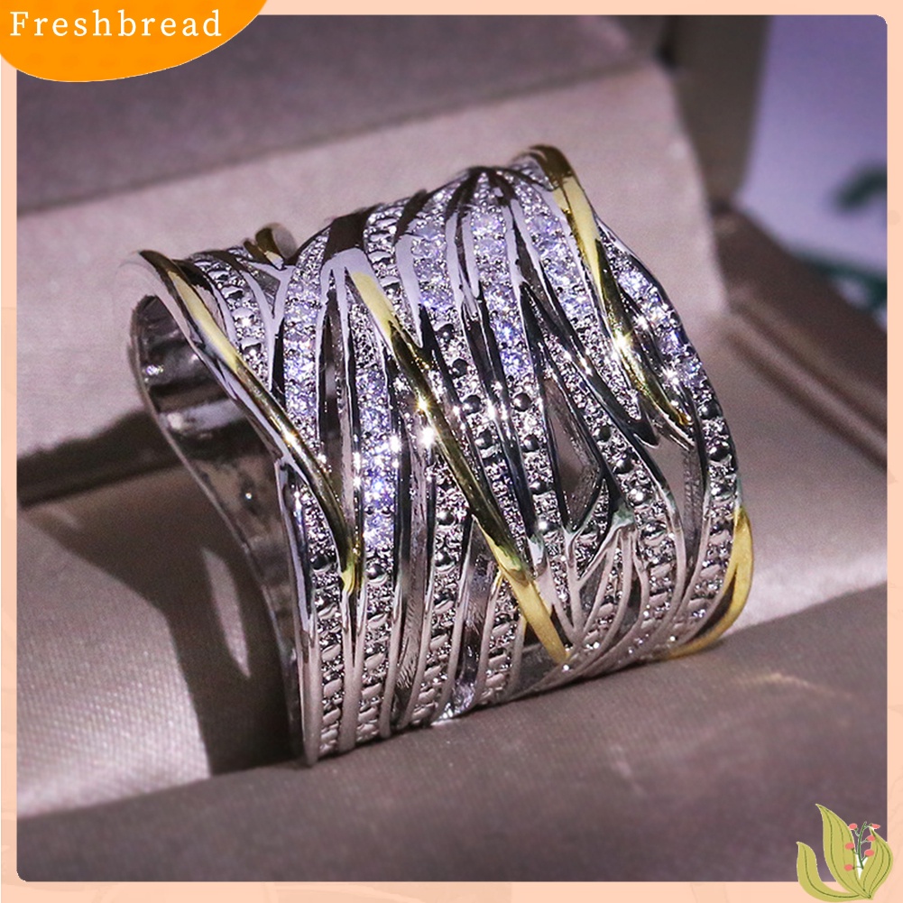 &lt; Freshbread &gt; Lady Two Tone Berlian Imitasi Bertatahkan Crossover Multi-layer Jari Cincin Perhiasan Pesta