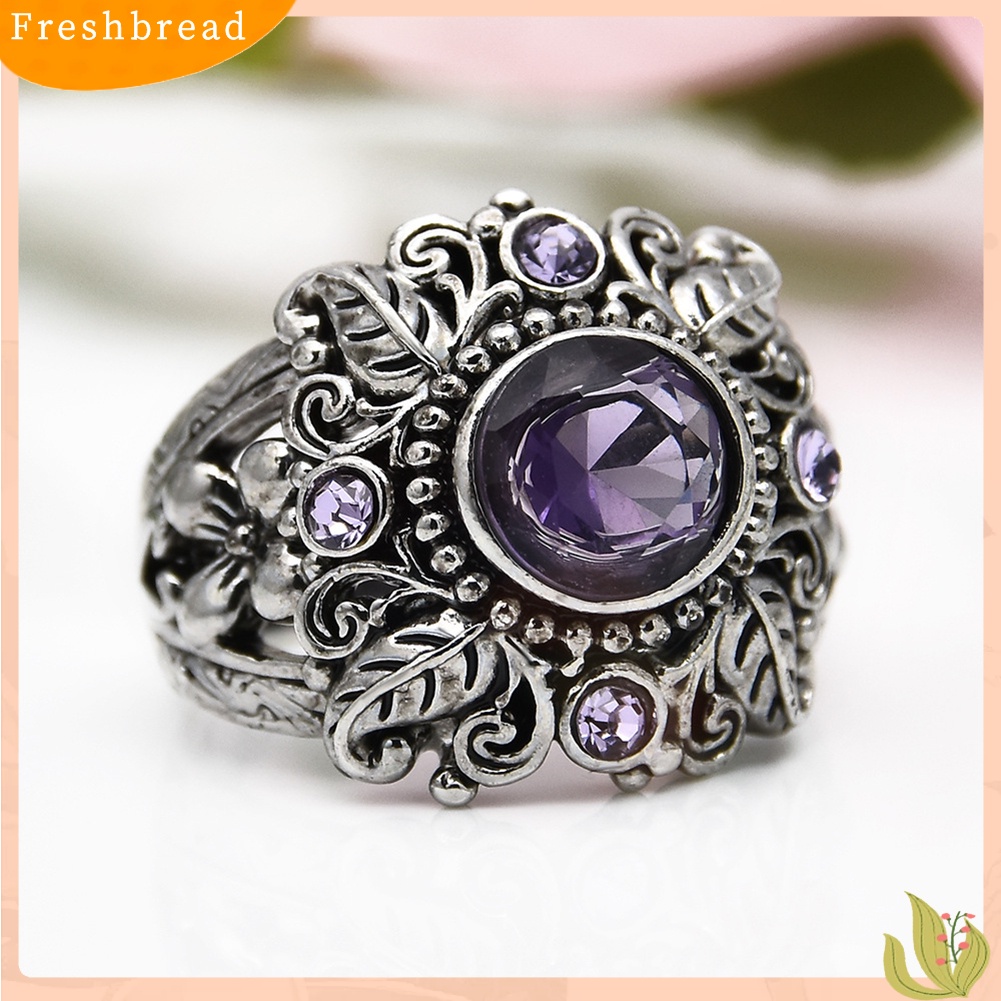 &lt; Freshbread &gt; Vintage Bulat Faux Amethyst Hias Ukir Bunga Wanita Jari Cincin Perhiasan Hadiah