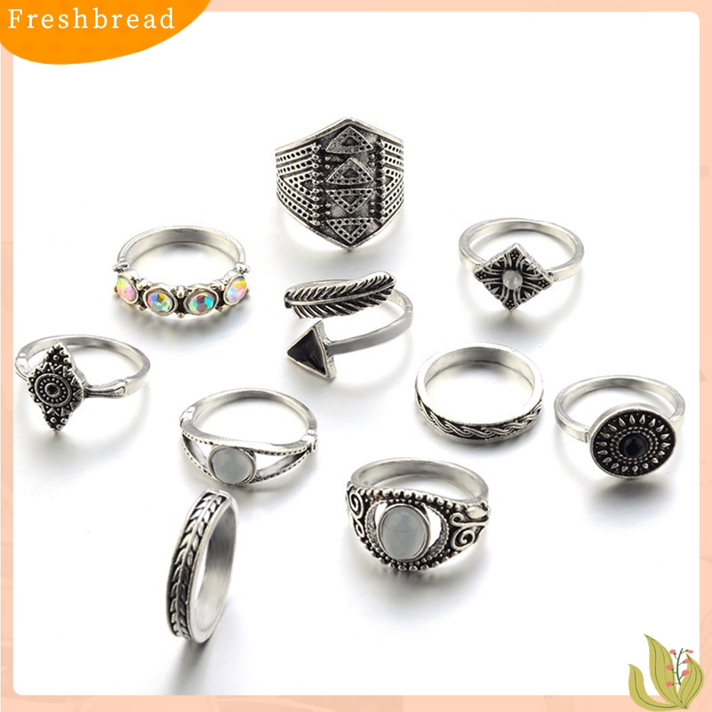 &lt; Freshbread &gt; 10Pcs/Set Boho Wanita Retro Sun Feather Arrow Ukir Buku Jari Midi Susun Rings