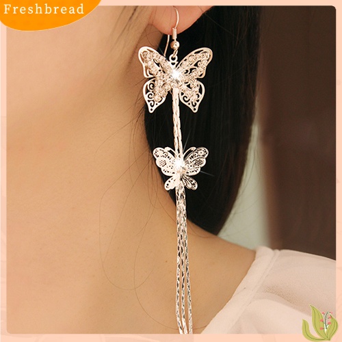 &lt; Freshbread &gt; Wanita Lapisan Ganda Kupu-Kupu Rumbai Panjang Berlian Imitasi Kait Anting Linear