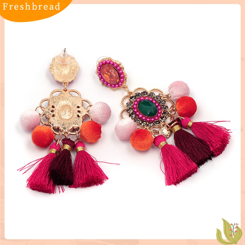 &lt; Freshbread &gt; Wanita Berlian Imitasi Bunga Pompom Rumbai Menjuntai Ear Stud Earrings Statement Jewelry