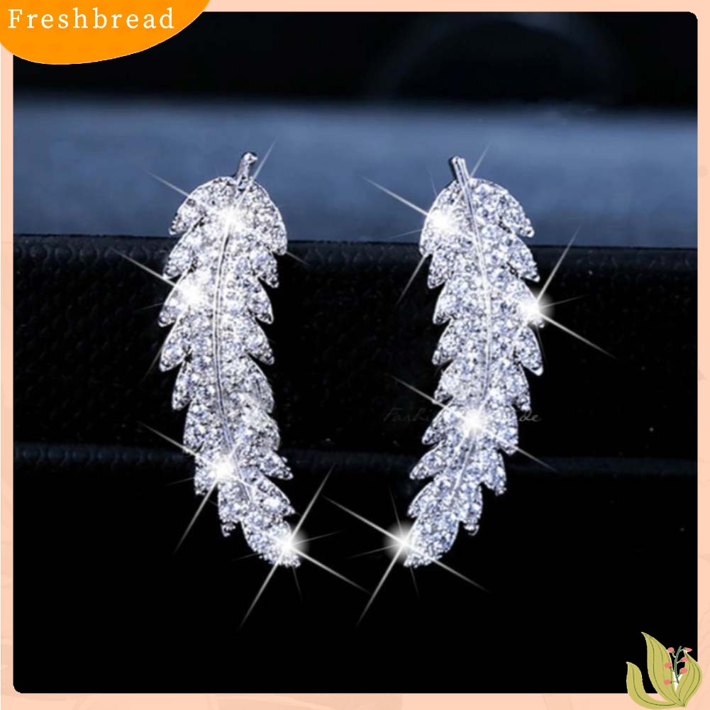 &lt; Freshbread &gt; Wanita Berlian Imitasi Penuh Hias Bentuk Daun Stud Anting Tindik Perhiasan Hadiah