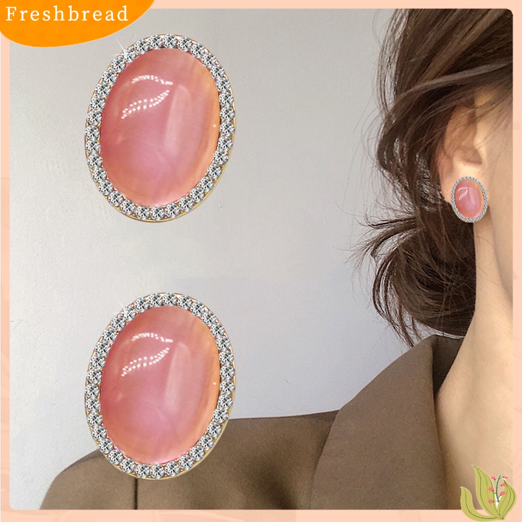 < Freshbread > Wanita Klip Telinga Berlian Imitasi Mengkilap Imitasi Opal Non Piercing Clip On Stud Earrings Perhiasan Untuk Pesta