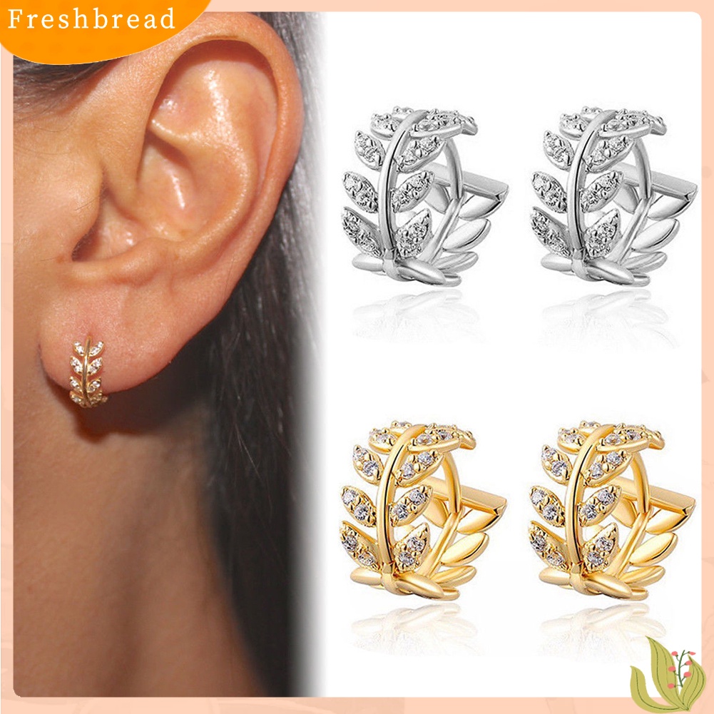 &lt; Freshbread &gt; Wanita Fashion Cubic Zirconia Hias Daun Menjuntai Huggie Earrings Piercing Perhiasan