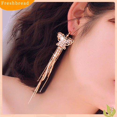 &lt; Freshbread &gt; Berlian Imitasi Wanita Kupu-Kupu Bulan Sabit Drop Jumbai Panjang Anting Linear