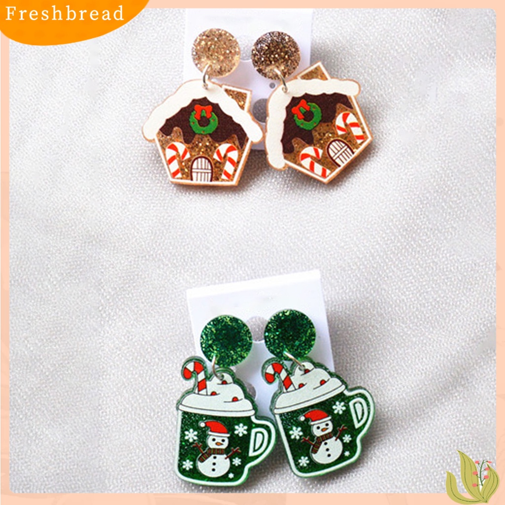 &lt; Freshbread &gt; 1pasang Anting Natal Motif Rumah Glitter Wanita Semua Pertandingan Cangkir Snowman Stud Earrings Untuk Pesta