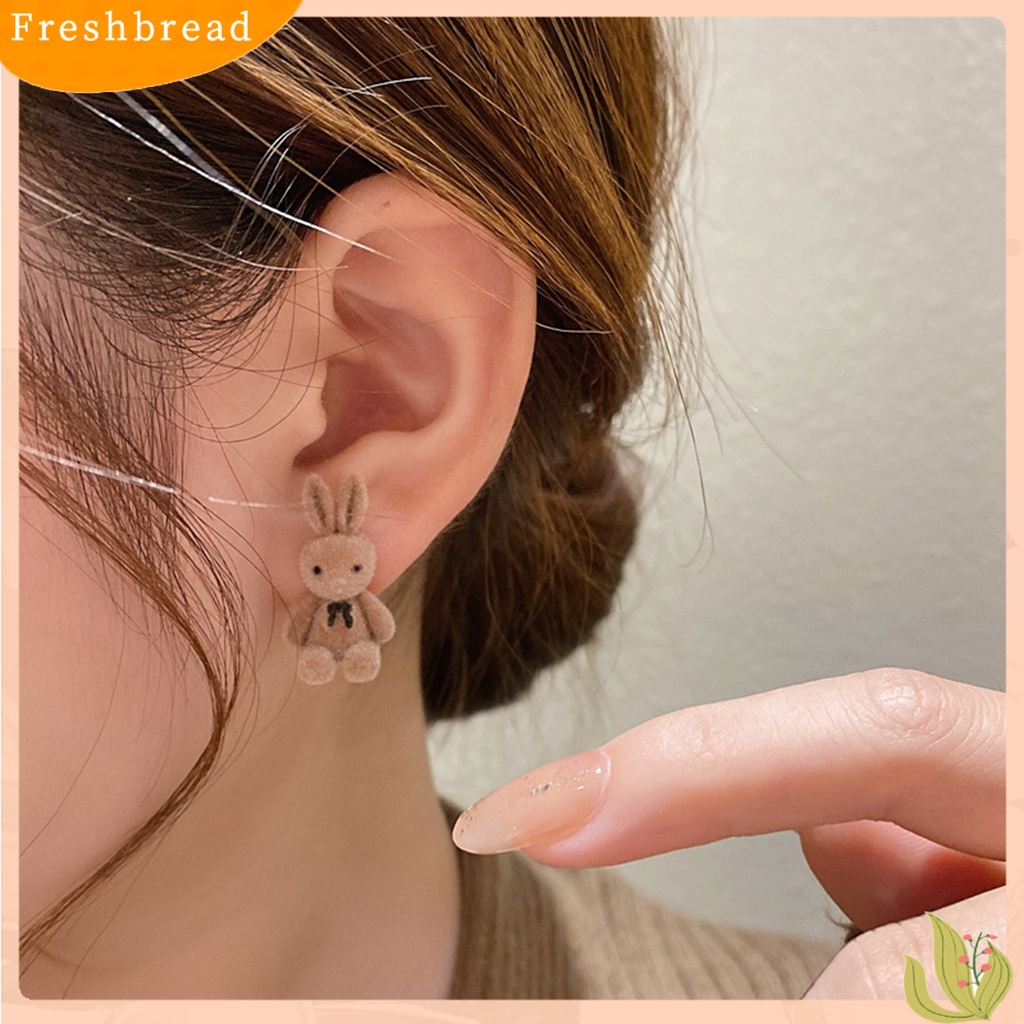 &lt; Freshbread &gt; 1pasang Ear Studs Elegant Silver plated Winter Hangat Flocking Velvet Rabbit Earrings Hadiah Hari Paskah