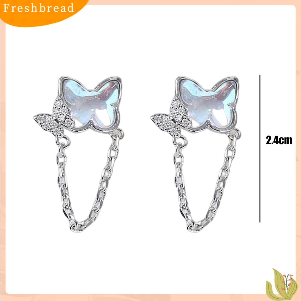 &lt; Freshbread &gt; 1pasang Ear Studs Mini Faux Moonstone Elegan Berlian Imitasi Tertanam Kupu-Kupu Rantai Wanita Anting Perhiasan Fashion